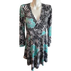 Signature Collection Black White Teal Floral Assymetrical V-Neck Dress Large